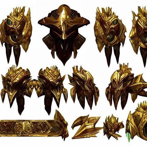 Image similar to cinematic, hyperdetailed league of legends azir armor metroid ravenbeak fanart gold armored bird wings regal gold sunray shaped crown, warframe, destiny, octane ref sheet