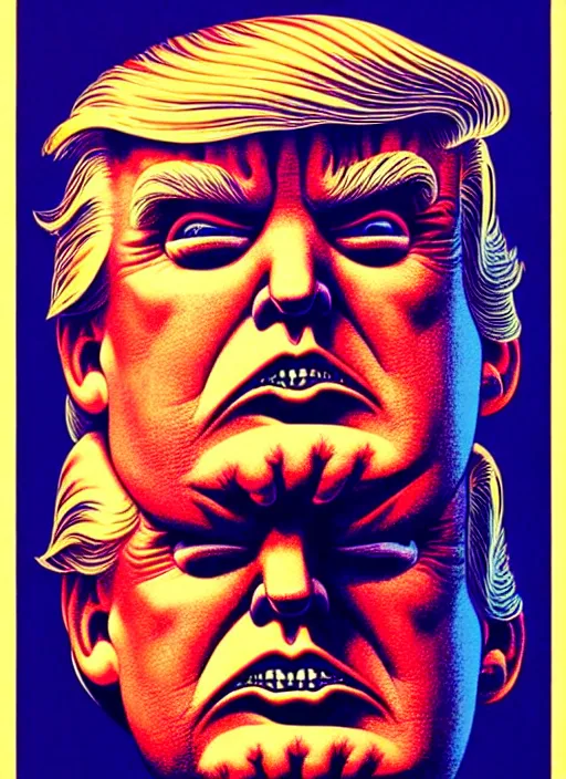 Image similar to risograph of donald trump's grotesque true form revealed, horror, high details, intricate details, by vincent di fate, artgerm julie bell beeple, 1 9 8 0 s, inking, vintage 8 0 s print, screen print