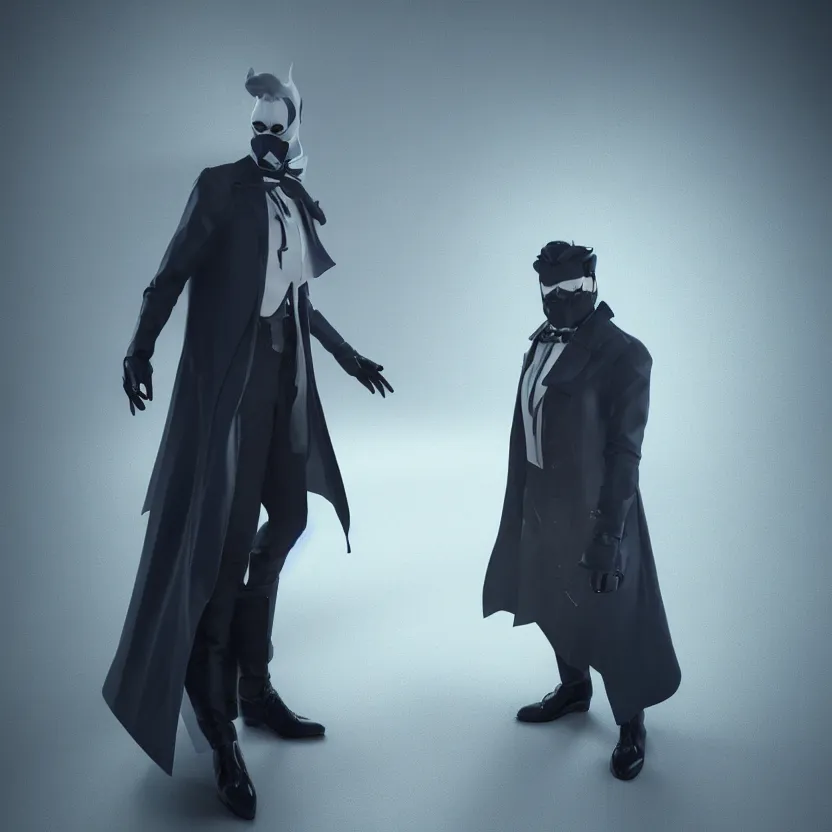 Prompt: a man wearing a dark overcoat and a white mask, game character, octane render, 8k, full-body, fantasy, blue background, high detail, high quality