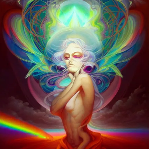 Image similar to psychedelic angelic celestial being artwork of peter mohrbacher, ayahuasca, energy body, sacred geometry, esoteric art, rainbow colors, realist, abstract and surreal art styles with anime and cartoon influences divinity