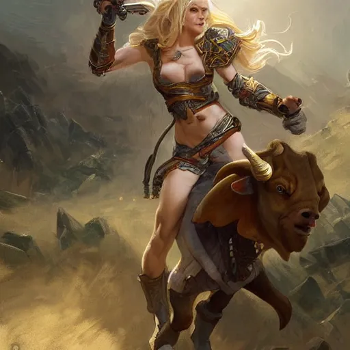 Image similar to a blonde paladin woman fighting a giant goat on the streets of a fantasy town, d & d, fantasy, highly detailed, digital painting, artstation, concept art, character art, art by greg rutkowski and tyler jacobson and alphonse mucha