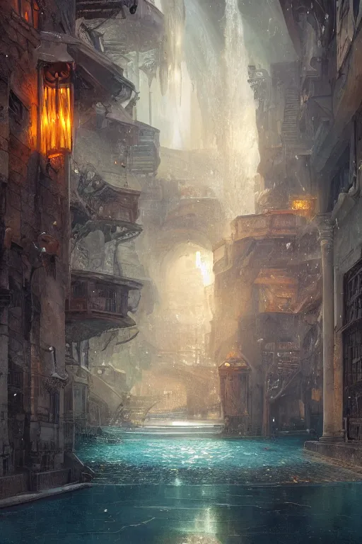 Image similar to inside the antique street of atlantis the city of water, waterfall, intricate, elegant, volumetric lighting, digital painting, highly detailed, artstation, sharp focus, illustration, concept art, ruan jia, steve mccurry