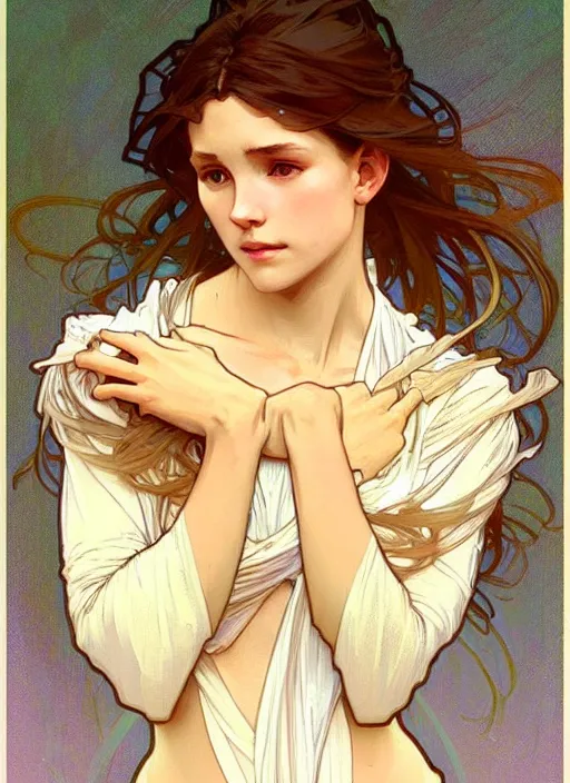 Prompt: digital character concept art by artgerm greg rutkowski alphonse mucha. clear portrait of a shy modern wife blessed by god to grow immaculately fertile and perfect!! blonde, in clothes! holy body! light effect. hyper detailed, glowing lights!! intricate, elegant, digital painting, artstation, smooth, sharp focus