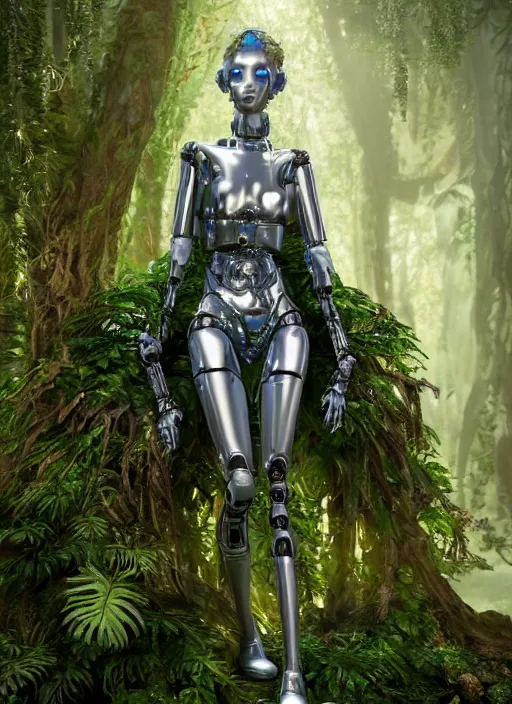 Image similar to beautiful female robot covered by plants and crystals in the mystical forest, beautiful symmetrical face, full body, immersed in the tree, chrome parts, opal crystals, renaissance style, cyber punk, sci - fi, baroque, cinematic light, mystical shadows, 8 k, octane render