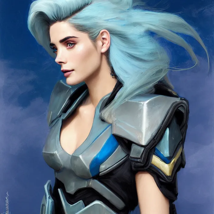 Image similar to portrait of a combination of Ashley Greene, Adriana Dxim, Grace Kelly and Lily Collins with blue hair wearing Interceptor's armor from Anthem, countryside, calm, fantasy character portrait, dynamic pose, above view, sunny day, thunder clouds in the sky, artwork by Jeremy Lipkin and Giuseppe Dangelico Pino and Michael Garmash and Rob Rey and Greg Manchess and Huang Guangjian, very coherent asymmetrical artwork, sharp edges, perfect face, simple form, 100mm