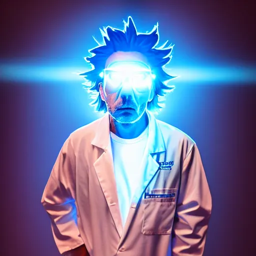 Image similar to portrait of rick sanchez, lab coat and tee shirt, lens flare, atmosphere, glow, detailed, intricate, full of colour, cinematic lighting, 4 k, hyperrealistic, focused, extreme details, cinematic, masterpiece