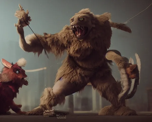 Image similar to gerald of rivia fighting with fursuit cosplayers, cinematic, concept art, wlop, beeple, highly detailed, face, hands, unreal engine, octane render