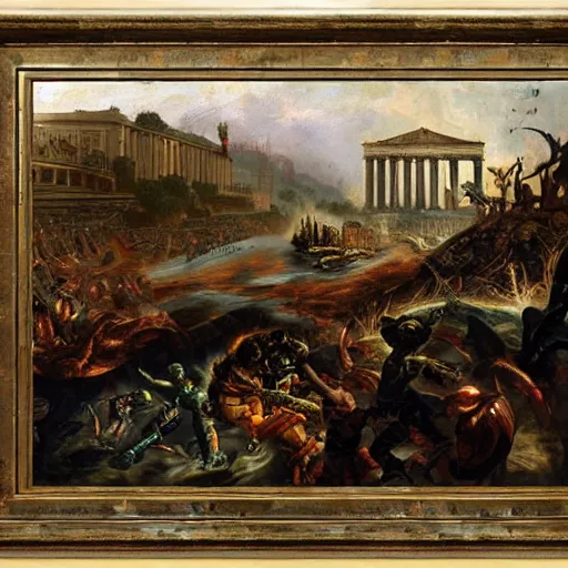 Image similar to alien invasion, fall of rome, epic painting