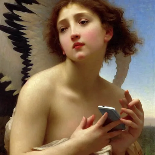 Image similar to a glorious oil painting of an angel talking with an iPhone, by Bouguereau, highly realistic and intricate