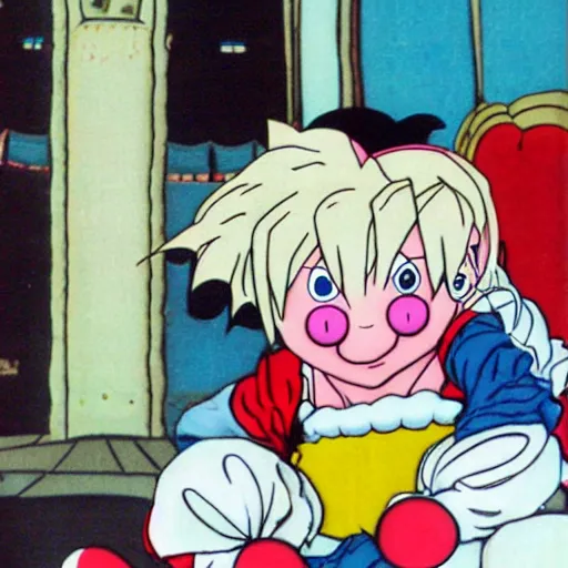 Prompt: puppet little boy wearing a white clown outfit, artwork by toriyama togashi