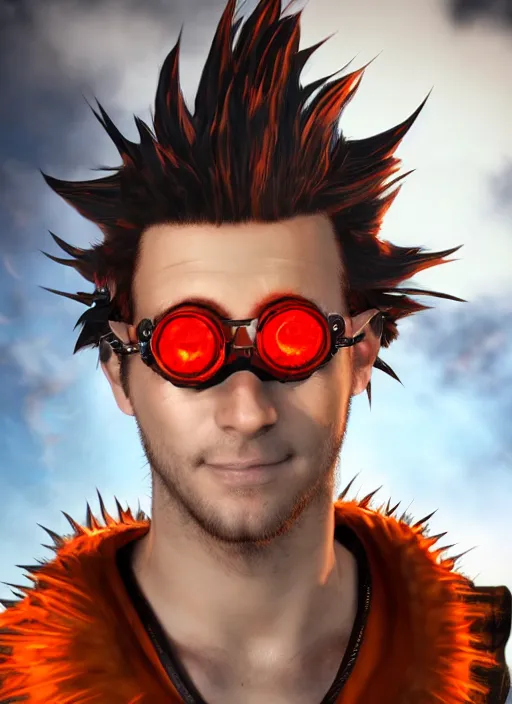 Image similar to An epic fantasy comic book style portrait painting of young man with red spiked long hair, using an steampunk orange googles. Wearing a black waistcoat, white shirt. Fire on his hands. Unreal 5, DAZ, hyperrealistic, octane render, cosplay, RPG portrait, dynamic lighting