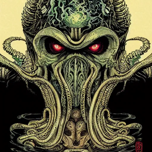 Image similar to portrait of cthulhu, symmetrical, by yoichi hatakenaka, masamune shirow, josan gonzales and dan mumford, ayami kojima, takato yamamoto, barclay shaw, karol bak, yukito kishiro