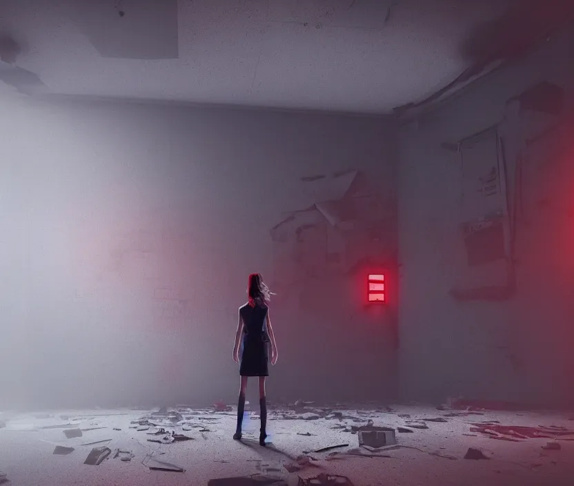 Image similar to rock star girl standing on an abandoned hospital room with red ceiling lighting and several blue lights on the walls, gloomy and foggy atmosphere, octane render, artstation trending, horror scene, highly detailded