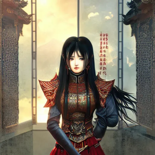 Image similar to portrait black hair young knights of Dynasty Warriors girl, metallic red armor, in ruin chinese temple balcony sunset, ssci-fi and fantasy, intricate and very beautiful and elegant, highly detailed, digital painting, soft light, artstation, concept art, smooth and sharp focus, illustration, art by tian zi and WLOP and alphonse mucha