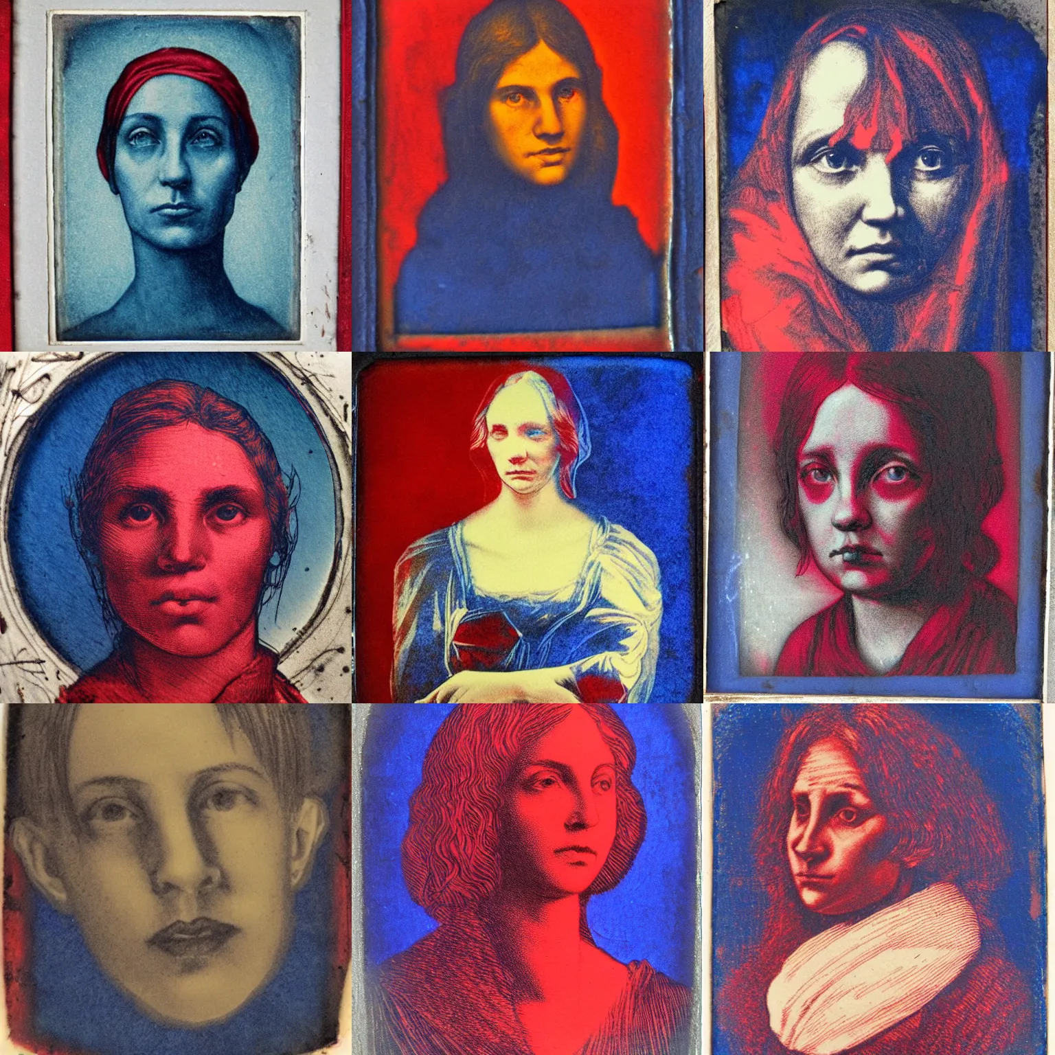 Prompt: luminist chiaroscuro ambrotype etching portrait!!!!!!, vibrant colors, cobalt blue and pyrrol red