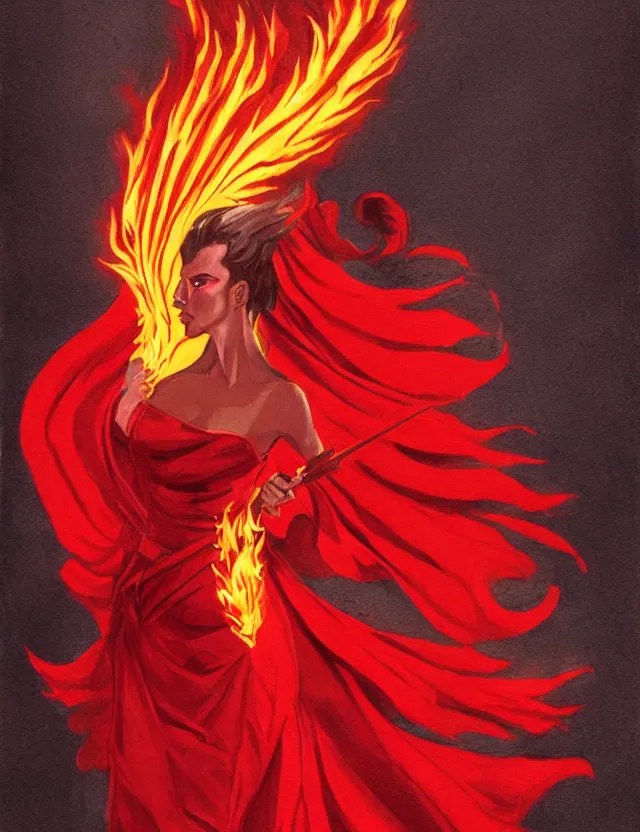 Prompt: half - human half - phoenix pyromancer in a red saree. gouache by award - winning concept artist, backlighting, chiaroscuro, intricate details