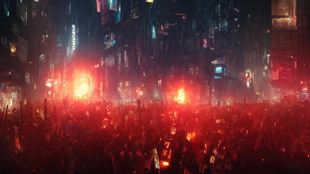 Image similar to angry protesters holding placards, digital illustration by greg rutkowski, fire, android netrunner, nighttime, cyberpunk city backgrounds, colored lighting