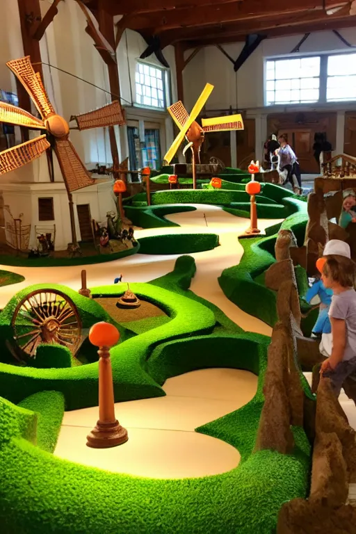 Image similar to mini - putt course inside a museum with statues and windmills