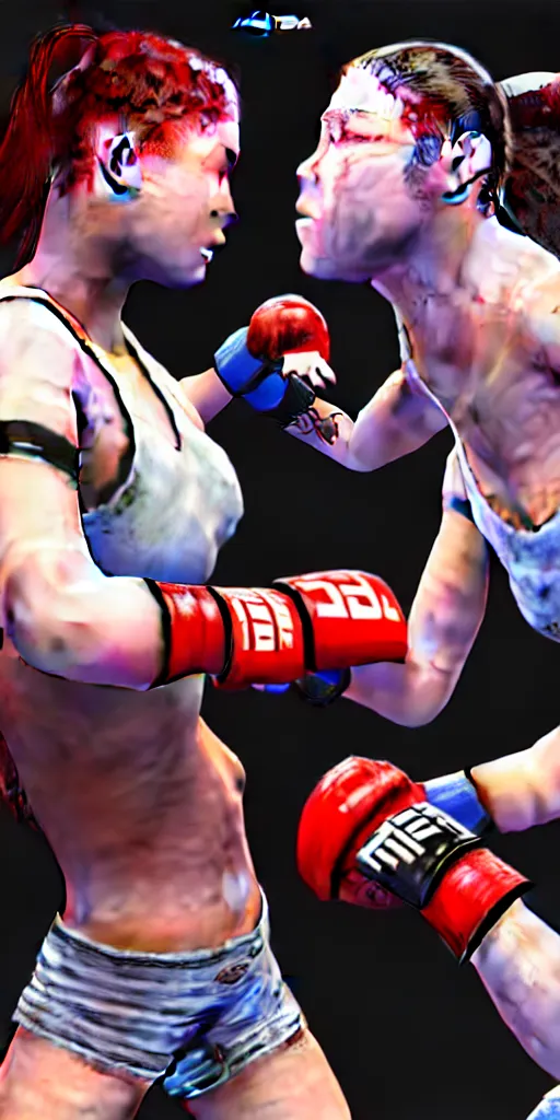 Image similar to two girls fighting mma, hyperrealistic painting, detailed, 4 k resolution, unreal engine