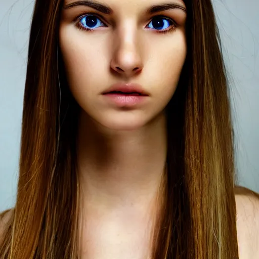 Image similar to brunette with long dyed blonde hair, small nose, smaller mouth, round shaped face, big forehead, lop eared, thin eyebrows, hazel eyes, darker skin, real life photograph