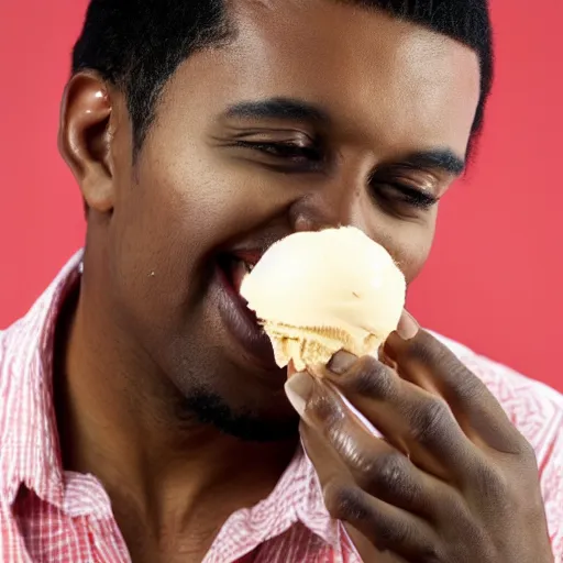 Prompt: a black man eating an icecream