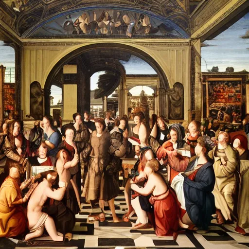 Image similar to People, speaking about science and culture in public place. 4k painting in Renaissance style.