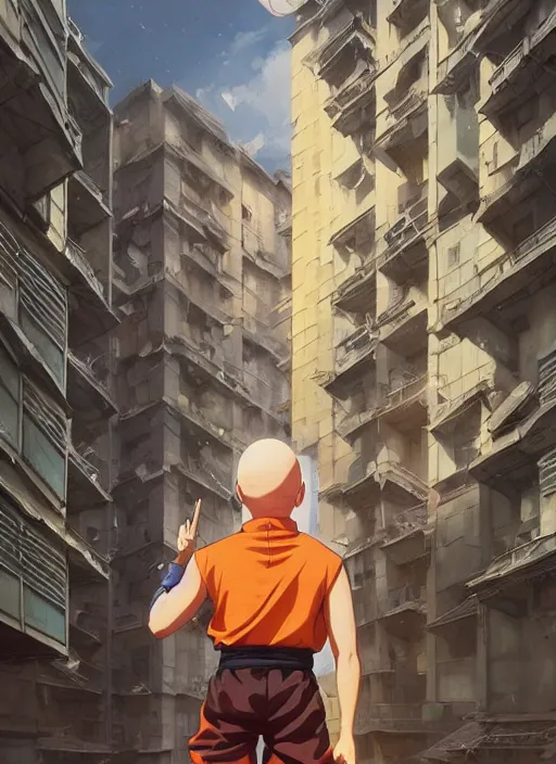 Image similar to highly detailed krillin standing outside building with a window with metal bars and naruto uzumaki with black hair behind them art by greg rutkowski, loish, rhads, ferdinand knab, makoto shinkai and lois van baarle, ilya kuvshinov, rossdraws, tom bagshaw, global illumination, radiant light, detailed and intricate environment