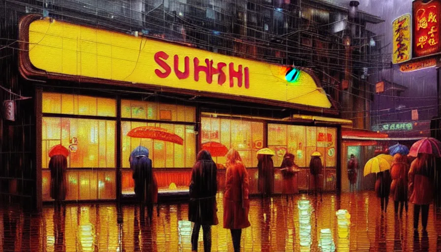 Prompt: oil painting of a neon sign storefront sushi restaurant, raining, busy street, cyberpunk, romantisism, outrun, synthwave, painting, detailed, by katia chausheva and android jones