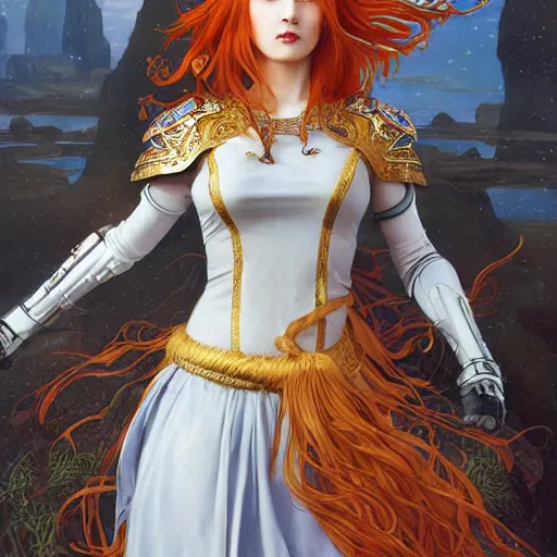 Image similar to Asuna Yuuki, young woman with orange hair wearing a partial paladin armor with a red skirt and white top, face, fantasy, intricate, elegant, highly detailed drawn by Donato Giancola and Tom Bagshaw, face by Artgerm and Edmund Leighton, Alphonse Mucha, background by James Jean and Gustav Klimt, 4k, porcelain skin, komorebi, french nouveau, trending on pixiv, octane render, hyperrealistic