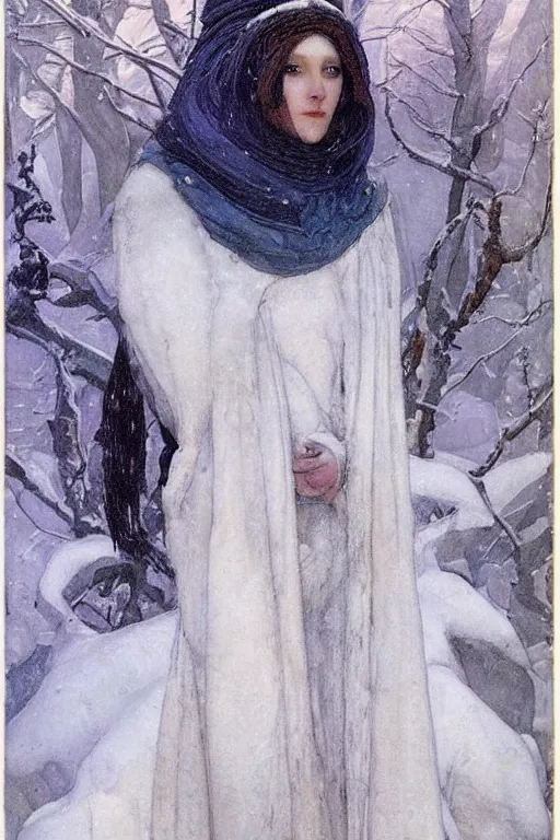 Image similar to goth queen of winter in the snow by Annie Swynnerton and Nicholas Roerich, strong dramatic cinematic lighting , ornate headdress , flowing robes, lost civilizations, smooth, sharp focus, extremely detailed