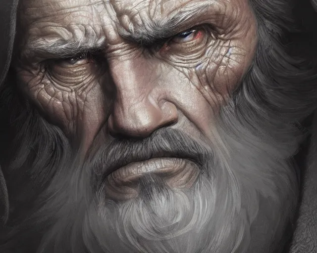 Image similar to close up highly detailed old man face, deep focus, d & d, fantasy, intricate, elegant, highly detailed, digital painting, artstation, concept art, matte, sharp focus, illustration, hearthstone, art by artgerm and greg rutkowski and alphonse mucha