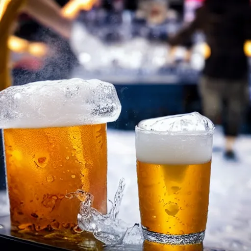 Prompt: a photo or a cup made out of ice with beer in it, on an ice bar in an ice room