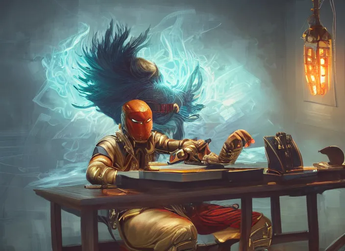 Image similar to an insanely detailed painting of an asian man wearing a homemade superhero costume, sitting at a desk, staring seriously at the computer and typing, in the style of peter mohrbacher, james jean, dramatic lighting and composition, surreal background, octane render, pixar, trending on artstation, concept art, comic book, view from behind, 8 k