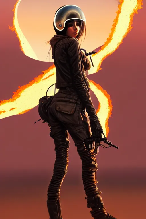 Prompt: a ultradetailed beautiful panting of post apocalyptic woman with motorbike in leather jacket with helmet in front of burning desert, anatomically correct, pretty face, high detailed face, by ilya kuvshinov, greg rutkowski and makoto shinkai, trending on artstation