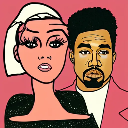 Prompt: julia fox and kanye west at dinner in the style of roy lichtenstein