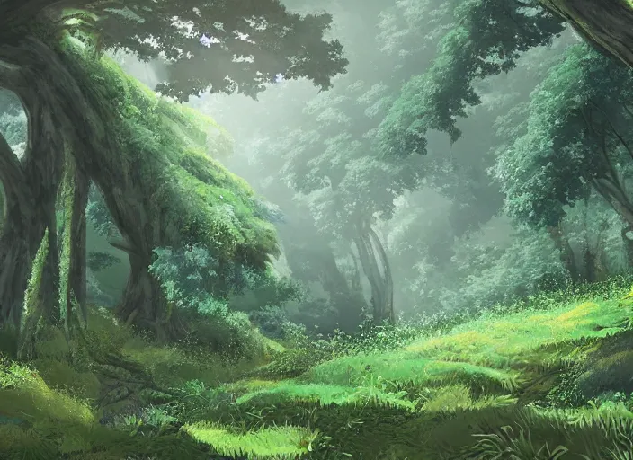 Image similar to A lush green forest by Ghibli Studio, digital art, immaculate scale