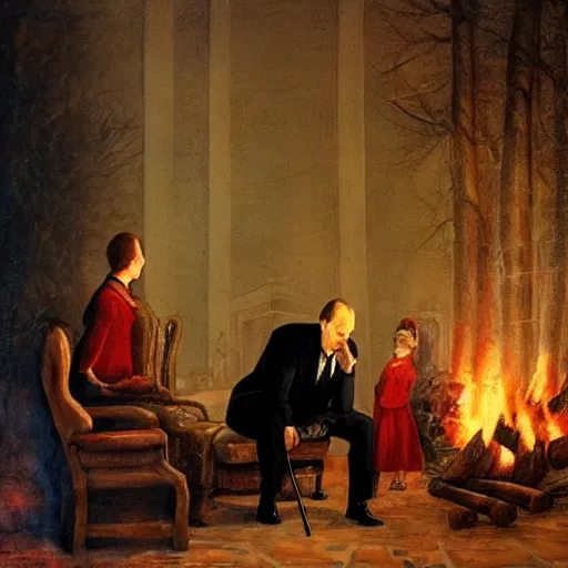 Prompt: vladimir putin in a waistcoat staring at a log fire jelious girlfriend, 1 5 0 mm lighting effect