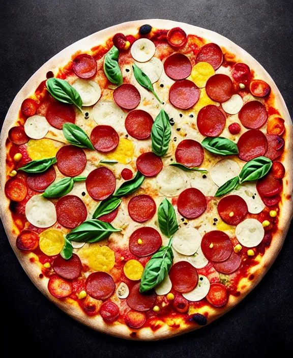 Image similar to big pizza with ingredientes forming a mandala, hyper realistic, food photography, advertising photography, tasty.