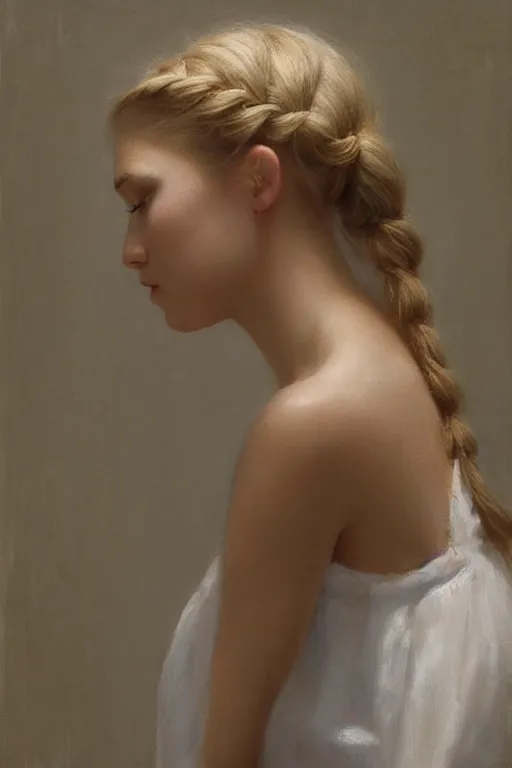 Prompt: profile of blonde girl looking down, braided hair, white dress, side view, before a stucco wall, soft light, serge marshennikov