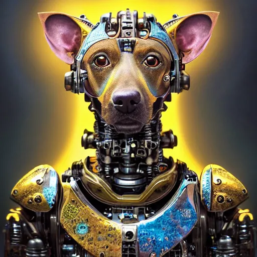 Image similar to a beautiful ultradetailed fine art photo of an ancient aztec hairless cybernetic cyborg dog set against galactic space, by tom bagshaw and anna dittman, portrait, soft backlighting, robotic arch around the dog, 5 0 mm lens, golden ratio composition, detailed faces, studio lighting, very detailed, industrial mechanical robot dogs, artstation, 8 k, highly coherent