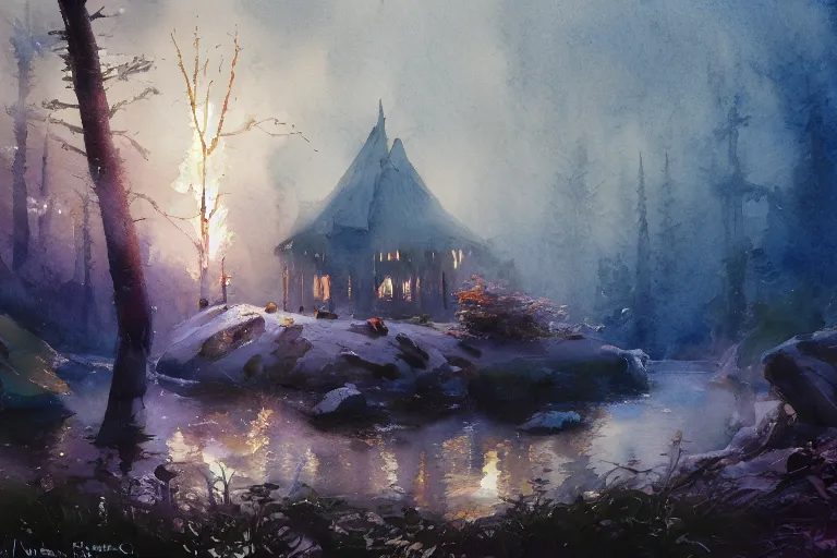 Prompt: small centered on watercolor paper, paint brush strokes, abstract watercolor painting of forest of diamonds, viking age religious temple, glow and sparks, cinematic light, national romanticism by hans dahl, by jesper ejsing, by anders zorn, by greg rutkowski, by greg manchess, by tyler edlin, by craig mullins