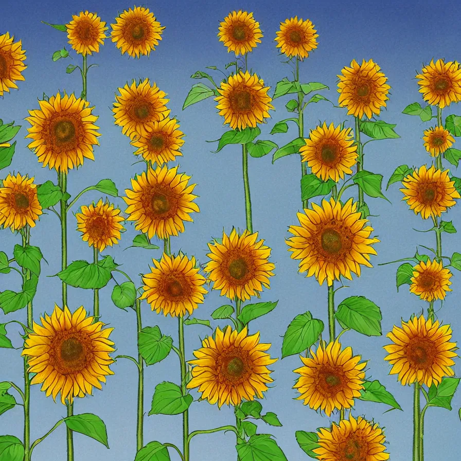 Prompt: Sentient walking sunflowers from Mars have invaded and taken over the world. Artwork in a surrealist style.