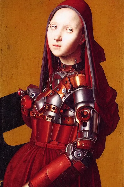 Image similar to a close - up portrait of a cyberpunk cyborg girl, by jan van eyck, rule of thirds