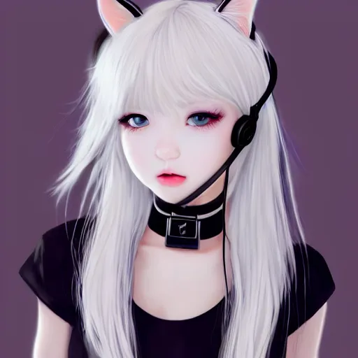 Image similar to realistic teasing detailed semirealism beautiful gorgeous cute Blackpink Lalisa Manoban white hair white cat ears blue eyes, wearing black camisole outfit, headphones, black leather choker full HD 4K high resolution quality WLOP, Aztodio, Taejune Kim, Guweiz, Pixiv, Instagram, Artstation