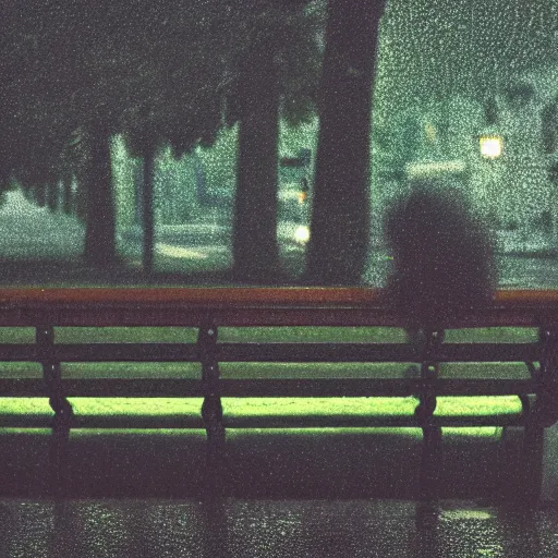 Prompt: a photo of a fluffy monster sitting at a park bench alone in the rain, moody, nostalgic, 8 k uhd