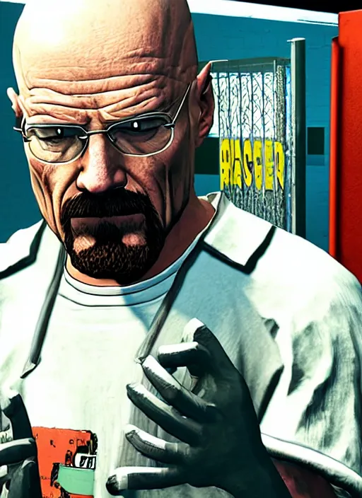 Prompt: walter white holding prison bars in gta 5 game poster