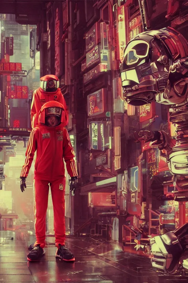 Image similar to CHAPPIE In A Red Adidas Track Suit In Neo Tokyo with Die Antwoord, full figures, stormy weather, extremely detailed masterpiece, low-key neon lighting, artstation, 2001: A Space Odyssey, Roger Deakin’s cinematography, by J. C. Leyendecker and Peter Paul Rubens and Edward Hopper and Michael Sowa