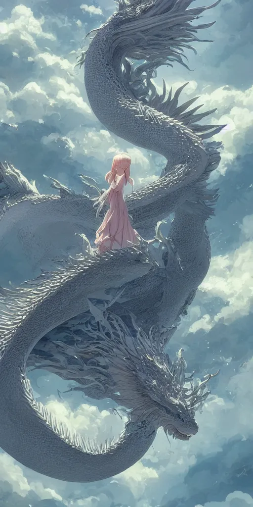 Prompt: the beautiful hyper detailed scene render that a beautiful girl lies in the arms of a huge silver white dragon alone in the fairyland surrounded by white clouds, finely detailed angelic face delicate features, style of makoto shinkai victo ngai and peter mohrbacher studio ghibli, beeple, animation style, hd, ultra wide angle