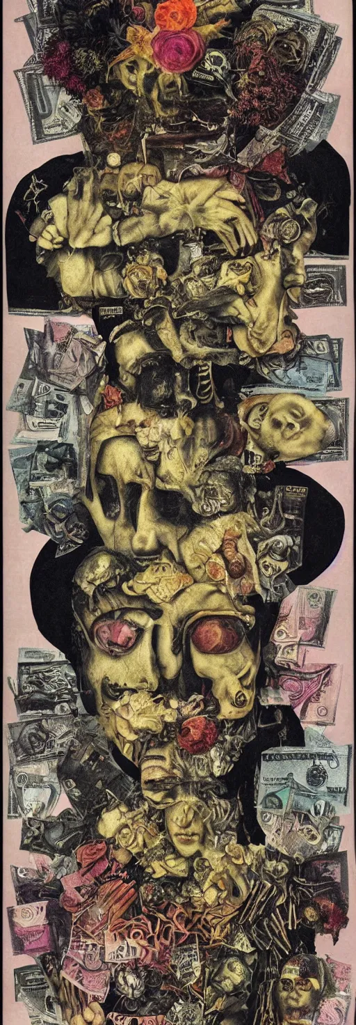 Image similar to post - punk new age album cover, asymmetrical design, dollar bank notes, capitalism, magic, apocalypse, psychedelic, black white pink, magic, giger h. r., giuseppe arcimboldo