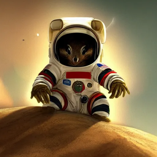 Image similar to an adorable chipmunk in an astronaut suit on the moon, warm lighting with cool shadows, digital painting, detailed, trending on artstation, in the style of dominik mayer thomas dubois, gaston bussiere, 8 k, octane render